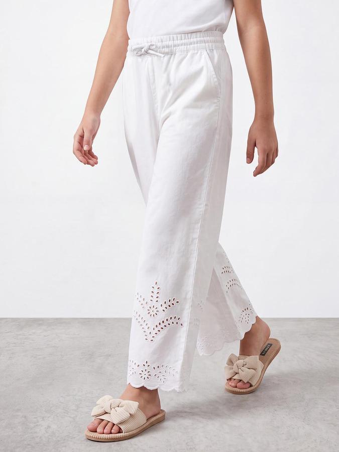 R&B Girls White Straight Fit Embroidery Mid Rise Pure Cotton Trousers