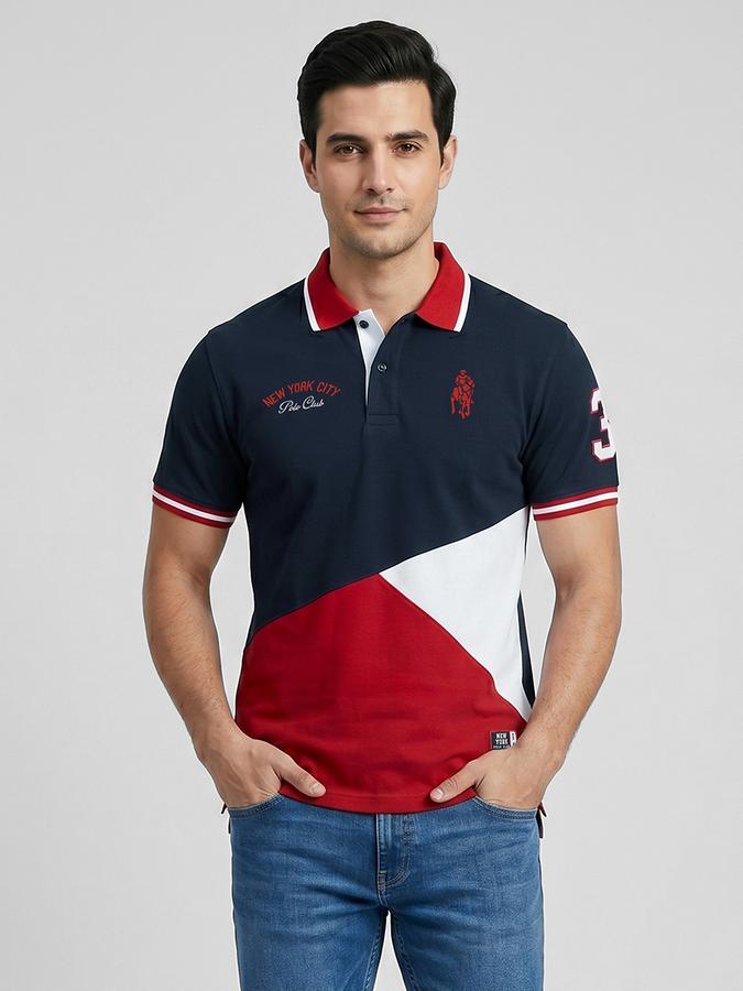 R&B Navy Blue Colourblocked Men Polo Collar Regular Fit Short Sleeves T-Shirt 