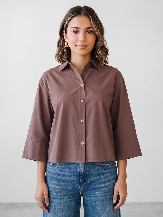 R&B Women Brown Solid Shirt Collar Long Sleeves Shirt Style Top