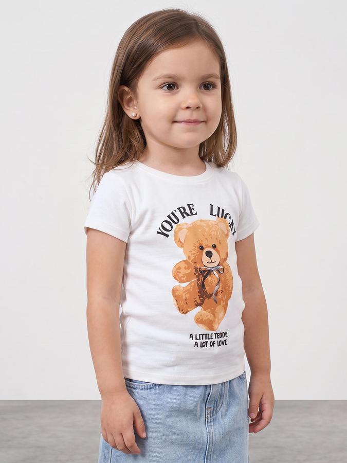 R&B Girls Ivory Teddy Print Short Sleeves Round Neck Pure Cotton T-Shirt