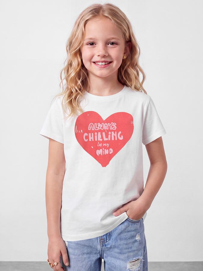 R&B Girls White Typographic Printed  Short Sleeves Pure Cotton T-shirt