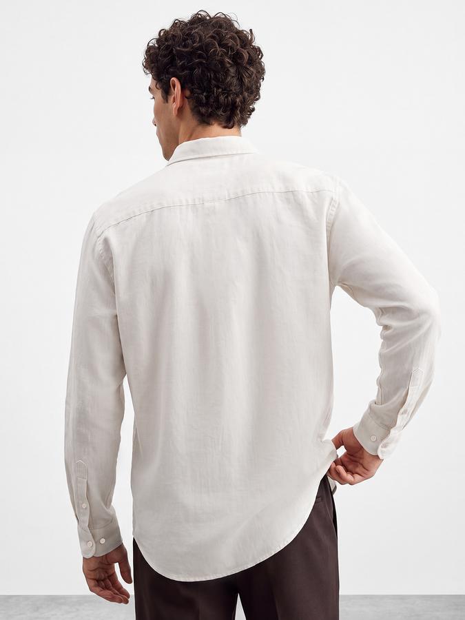 R&B Men's Cream Long Sleeves Slub Mandarin Collar Shirt