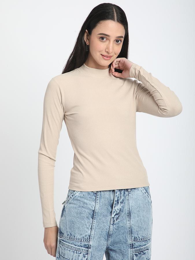 R&B Women Sand Solid Long-Sleeve High-Neck Top