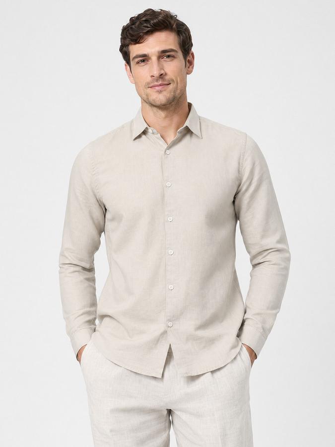 R&B Beige Solid Men Spread Collar Long Sleeves Shirt