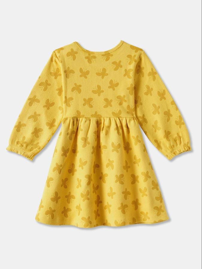 R&B Yellow Floral Printed Girls Long Sleeves Dress