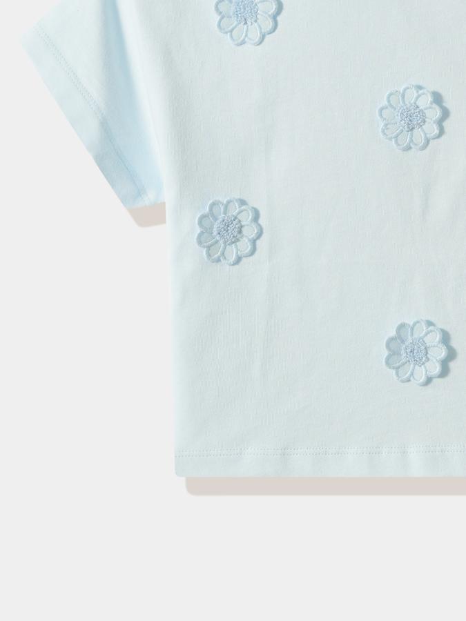 Girls Cotton Blend Regular Fit Crew Neck Short Sleeve Appliqu&eacute; Top