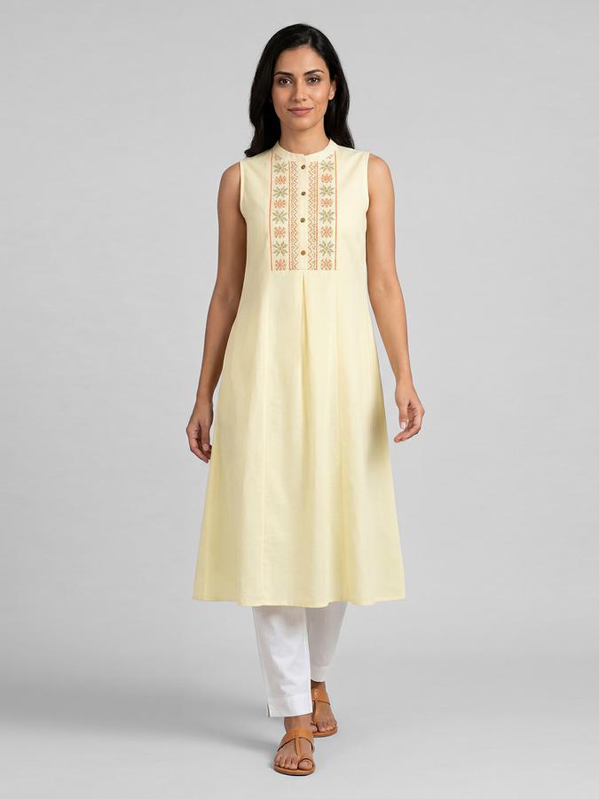 R&B Yellow Embroidered Women Sleeveless Mandarin Collar Kurta
