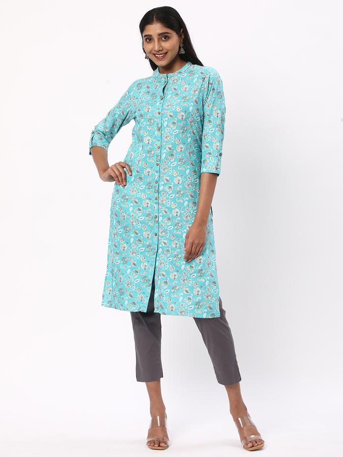 Women Cotton Regular Fit Mandarin Collar Printed Kurta