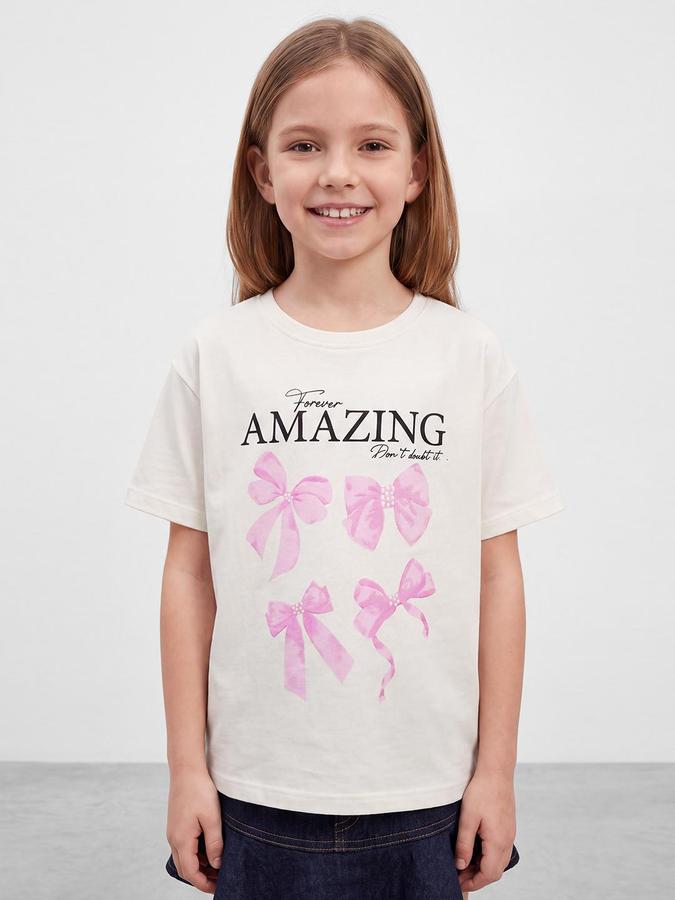 R&B Girls White Bow Print Short Sleeves Round Neck Pure Cotton T-Shirt