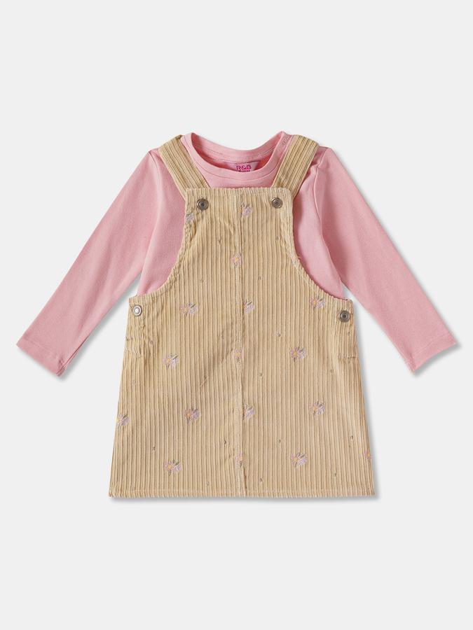 Girls Corduroy Embroidered Adjustable Straps Straight Hem Dungaree