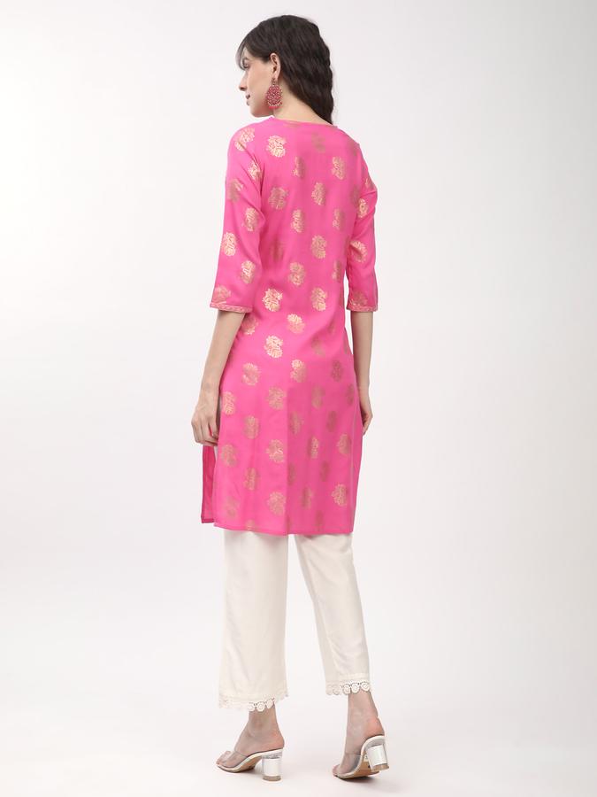 women's regular fit gold printed round neck embroidered pink festive kurta image number 2