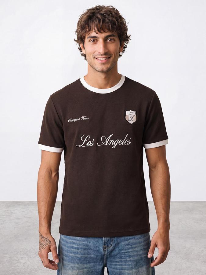 R&B Men Coffee Short Sleeve Round Neck Typography Print T-Shirt