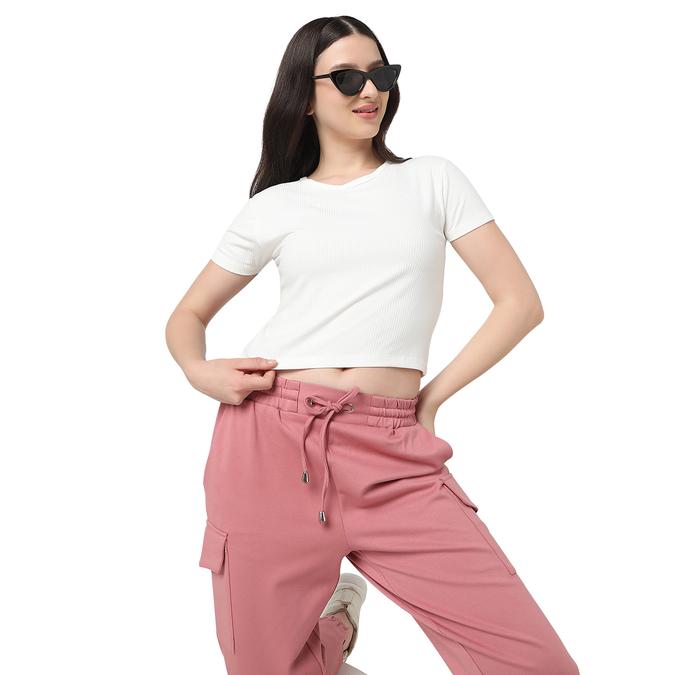 R&B Women Ivory Solid Cropped Ribbed Top