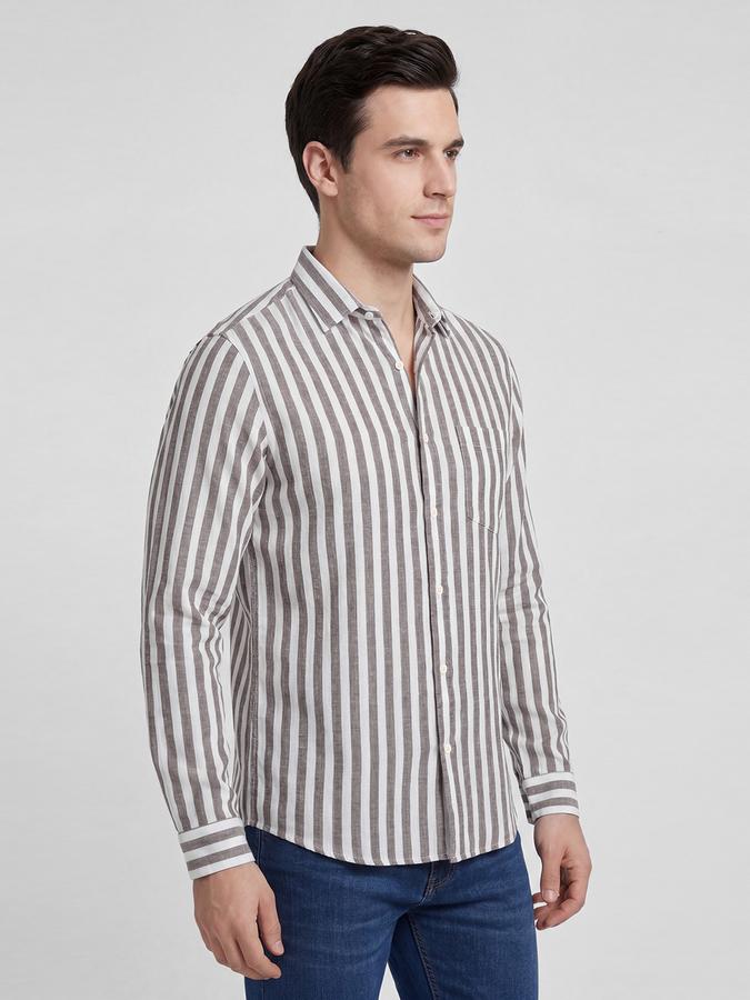 R&B Rust Striped Men Spread Collar Long Sleeves Shirt