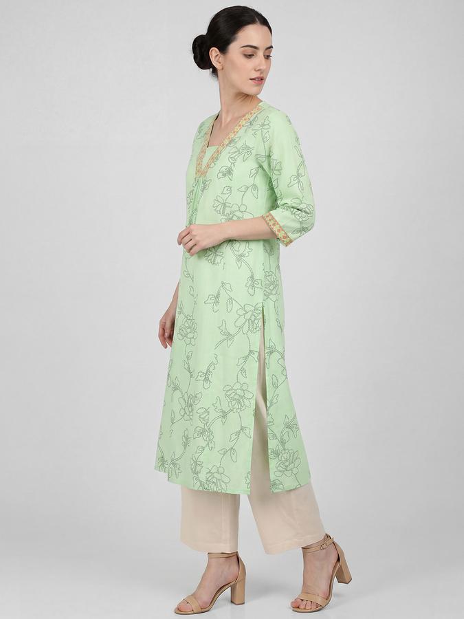 R&B Green Embroidered Women Three-Quarter Sleeves V-Neck Kurta