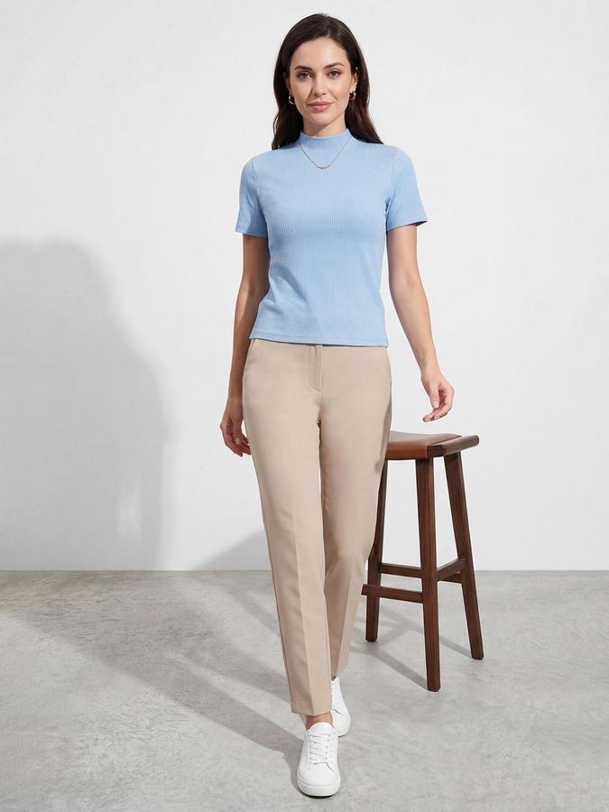 R&B Blue Women Textured Short Sleeves Top