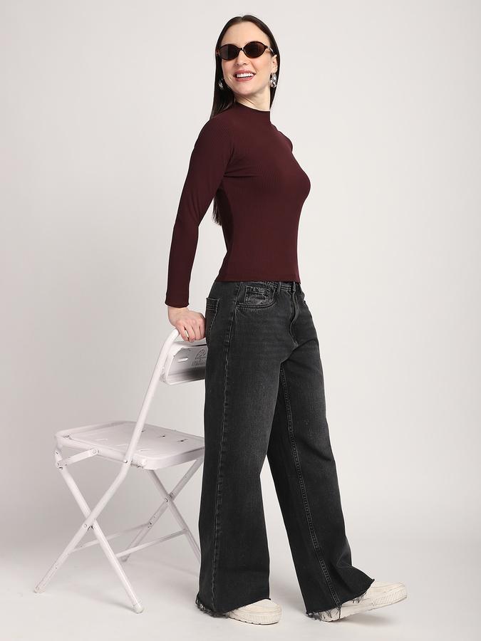 R&B Women Wine Solid Ribbed Top