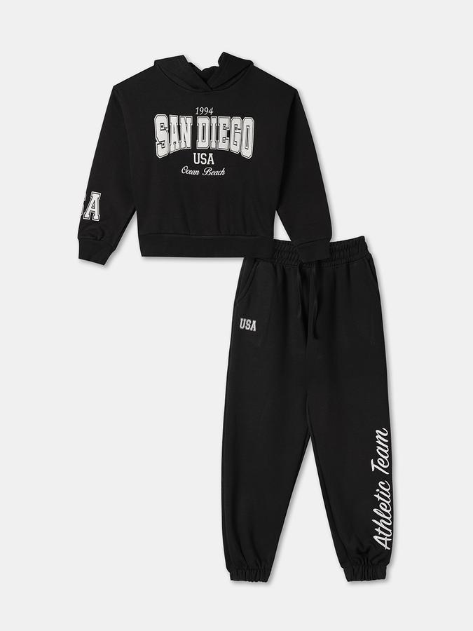 Girls Solid Long Sleeve Hoodie with Joggers Set