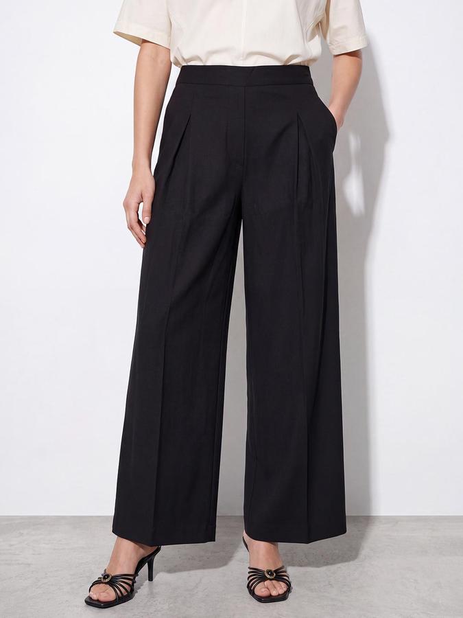 R&B Women Black Solid Pleated Palazzo