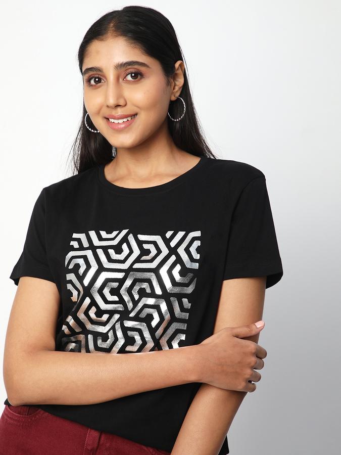 Women Cotton Regular Fit Crew Neck Embellished T-shirt