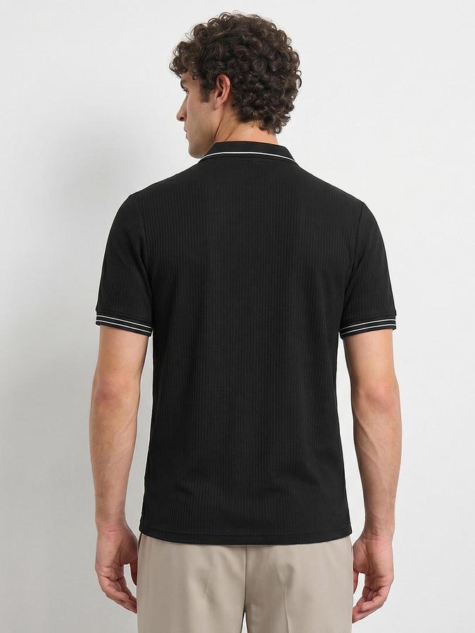 R&B Men Black Ribbed Short Sleeves Polo Tshirt