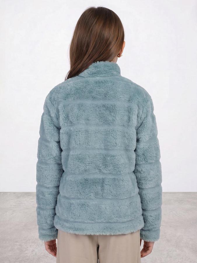 R&B Girls Teal Self Design Mock Collar Long Sleeves Fur Jacket