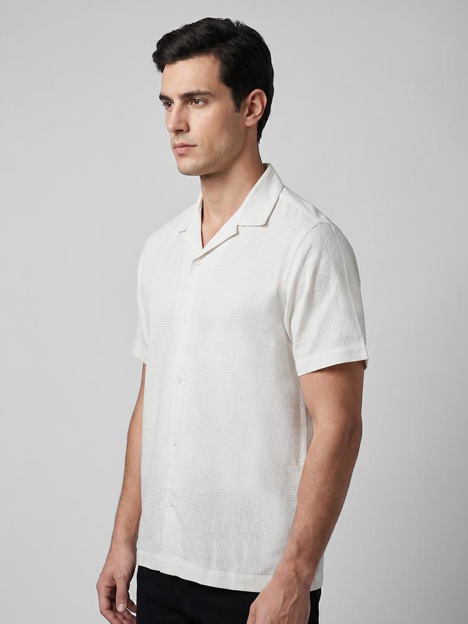 R&B Ivory Textured Men Cuban Collar Short Sleeves Shirt