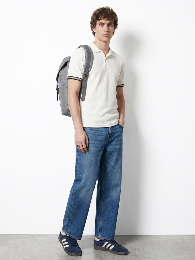 R&B Men's Beige Short sleeve Polo Neck Self Design T-Shirt
