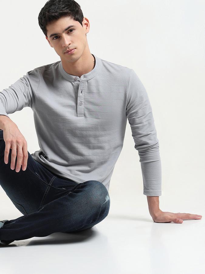 Men Cotton Blend Regular Fit Henley Textured T-shirt