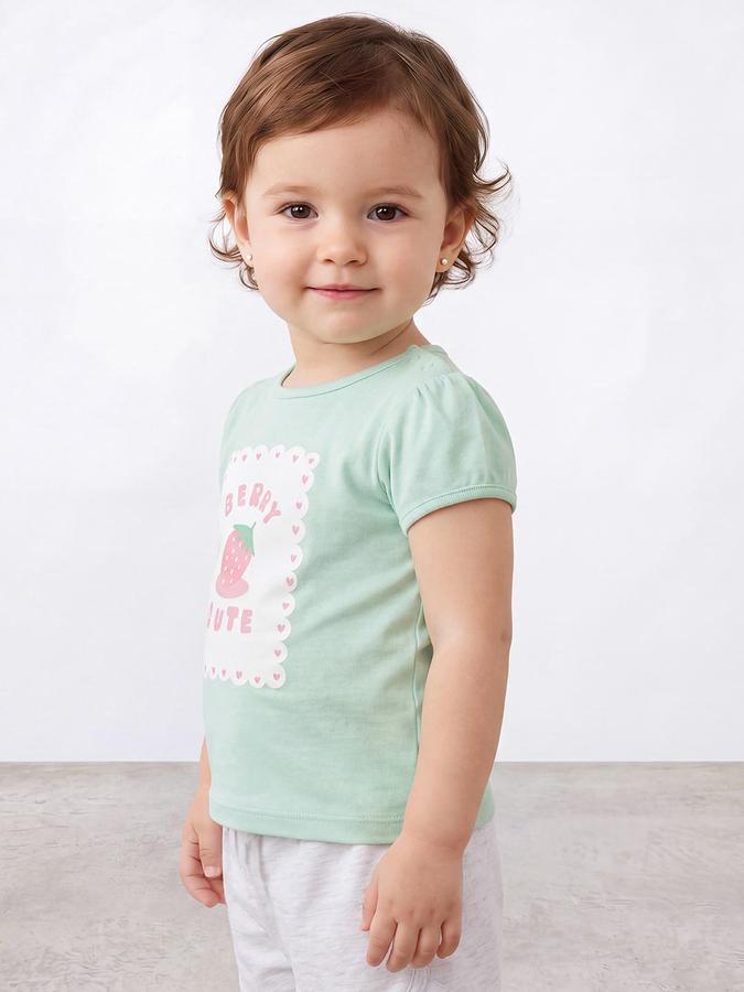 R&B Girls Green Graphic Print Short Sleeves Round Neck Pure Cotton T-Shirt