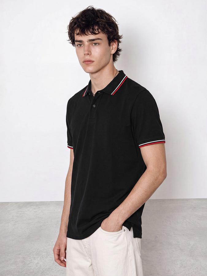 R&B Men Black Solid Short Sleeves Tipping Polo Collar Tshirt