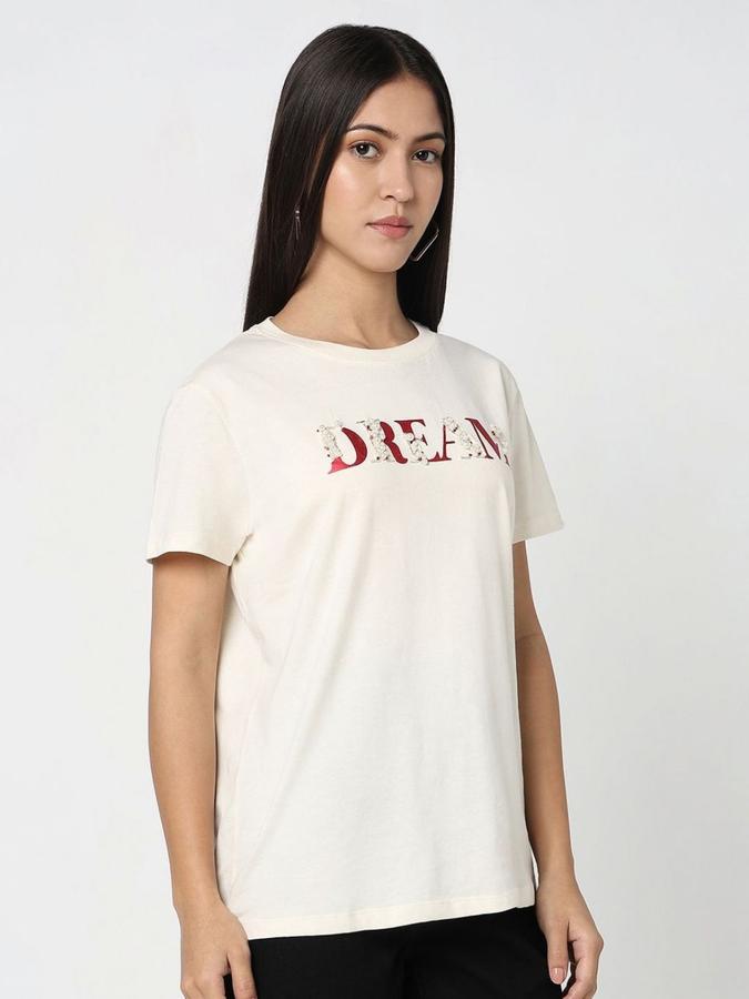 R&B Womens Off White Typography Printed  Round Neck Short Sleeves T-shirt
