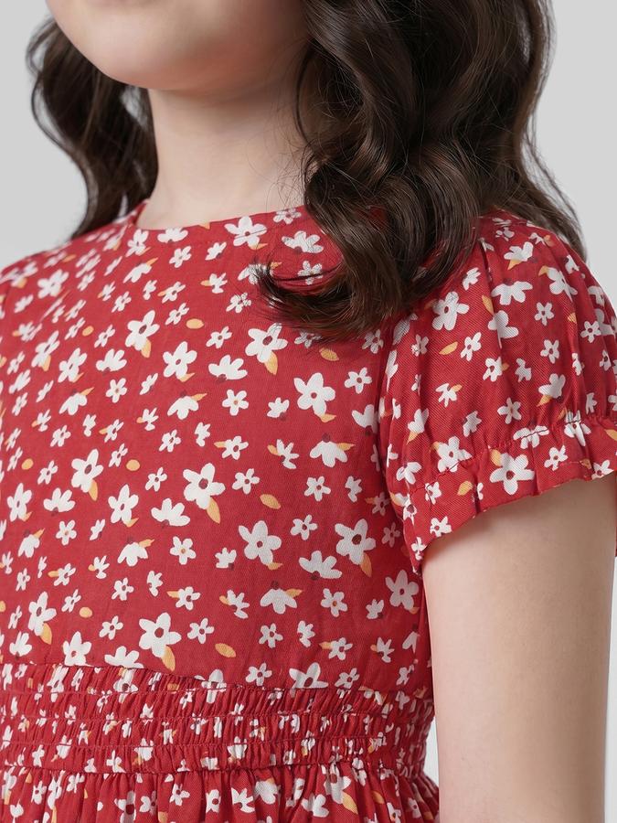 R&B Red Floral Print Round Neck Short Sleeves Fit and Flare Mini Girls Dress