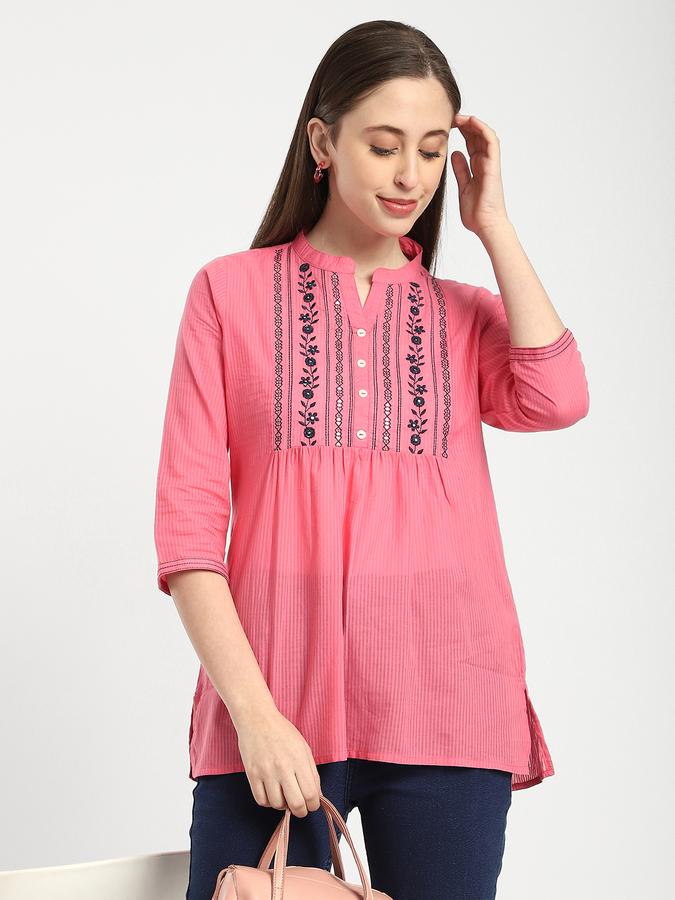 Women Cotton Regular Fit Mandarin Collar Embroidered Top
