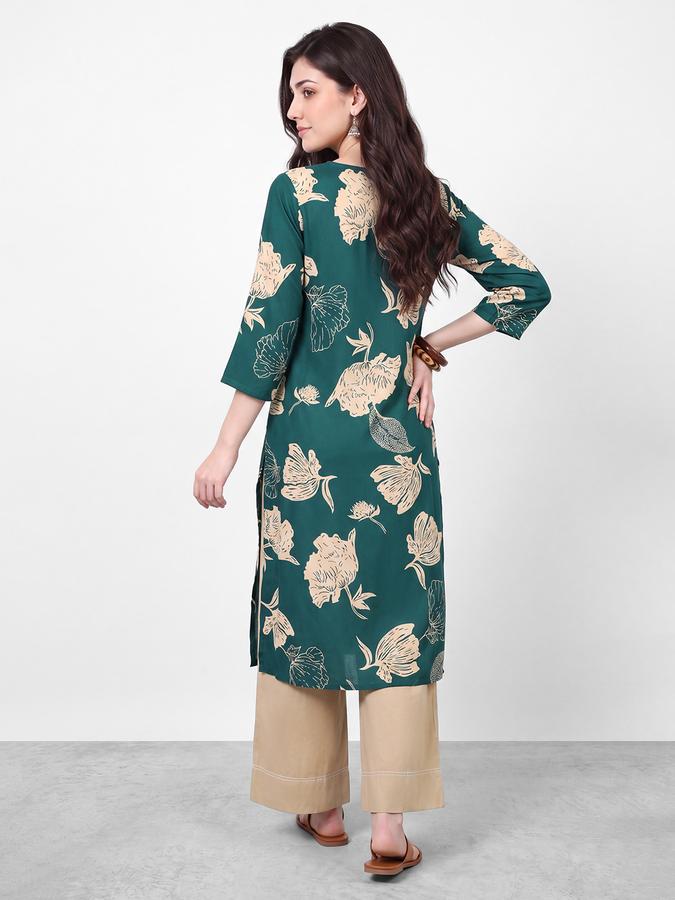 R&B Womens Teal Green Three-Quarter Sleeves V Neck Floral Printed Straight Kurta