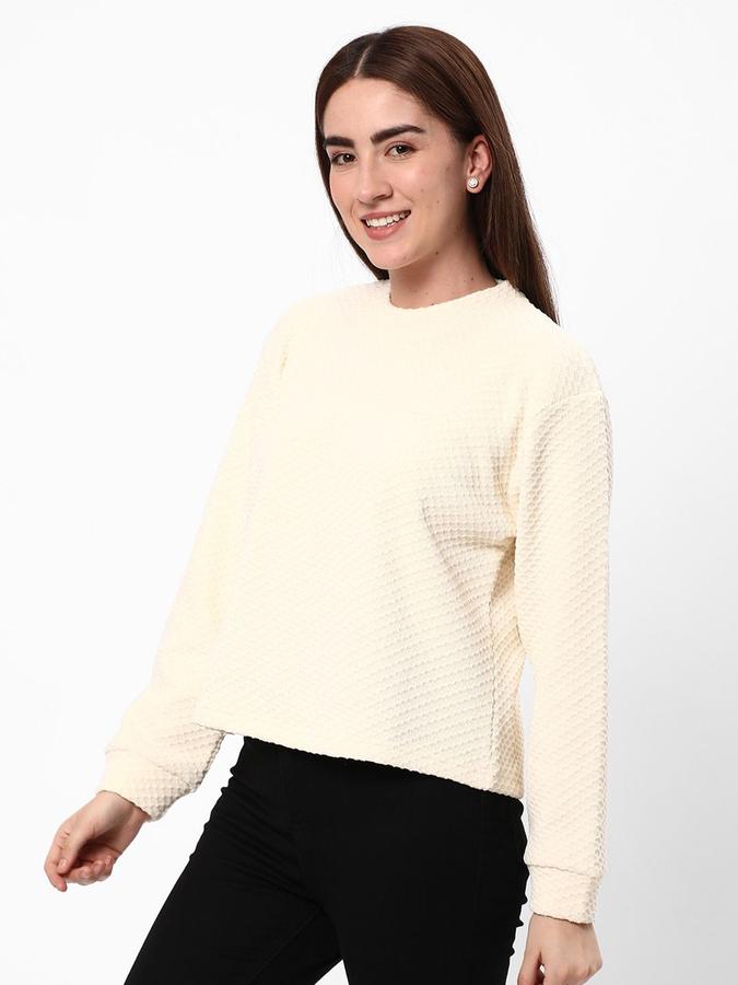 R&B Women White Round Neck Self Design Long Sleeves Sweater