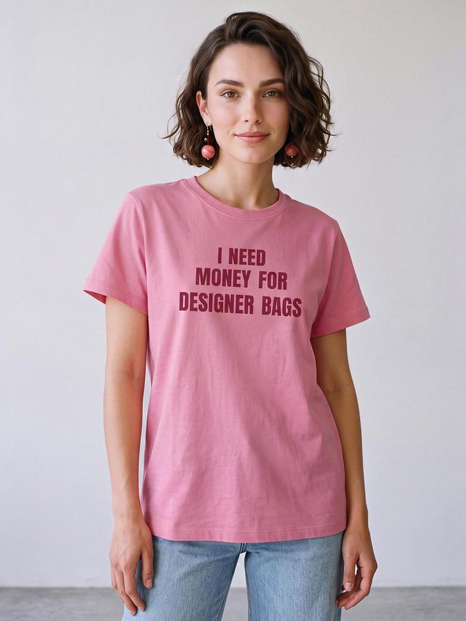 R&B Women Pink Short Sleeve Round Neck Typography Graphic Print T-Shirt
