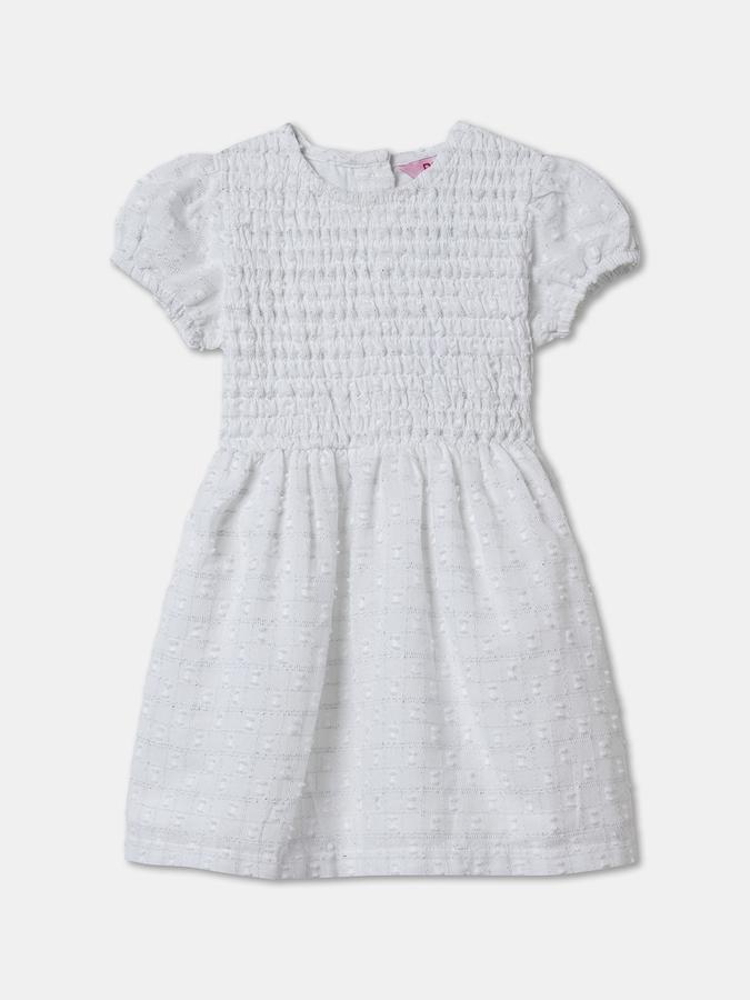 Girls Textured Puff Sleeve Round Neck Knee Length Dress