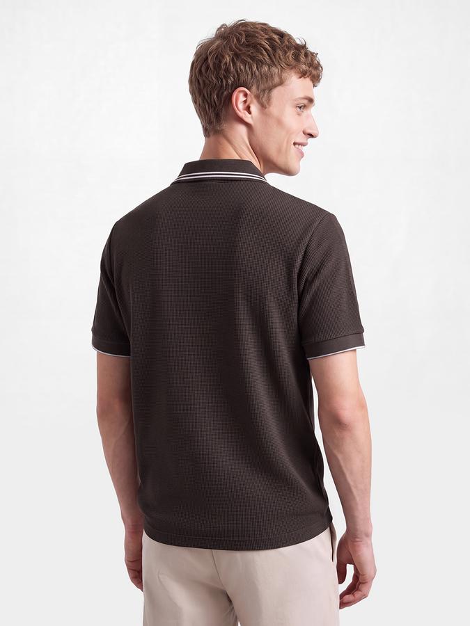 R&B Men Coffee Brown Textured Short Sleeves Tipping Polo Collar Tshirt