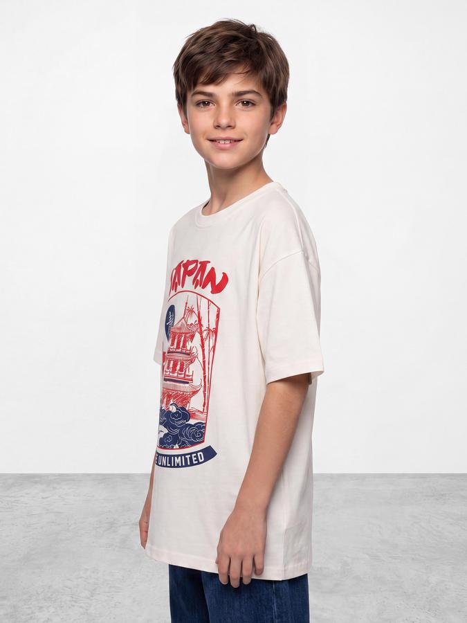 R&B Boys White Graphic Print Short Sleeves Round Neck Pure Cotton T-Shirt