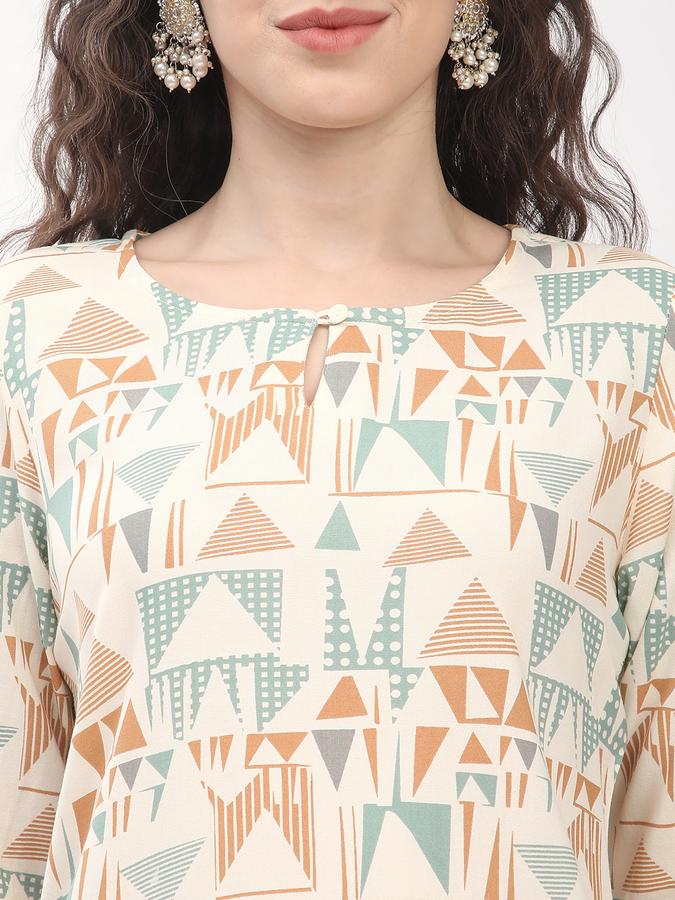 Women's regular fit casual off white geometric printed round neck straight kurta image number 3