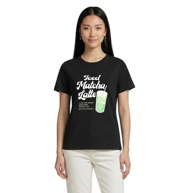 R&B Women Black Cotton Printed Round Neck T-Shirt