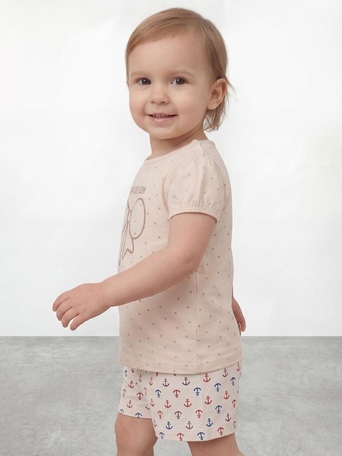 R&B Girls Beige Regular Fit Bow Printed Short Sleeve T-shirt