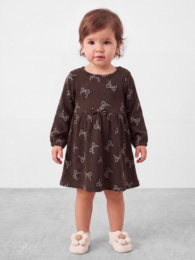 R&B Girls Dark Brown Bow Printed Round Neck Bishop Sleeves Fit and Flare Dress