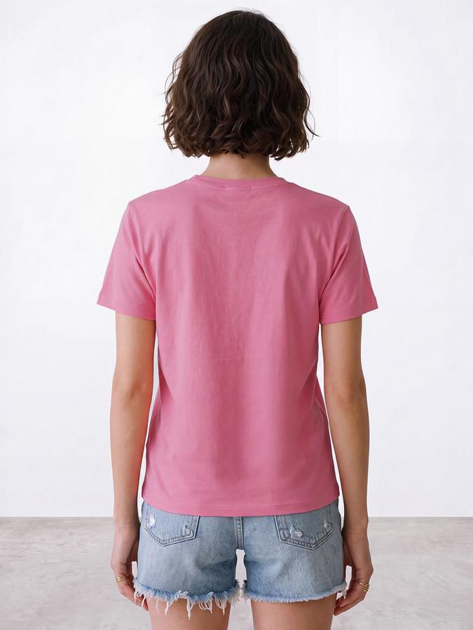R&B Women Pink Short Sleeve Round Neck Teddy Bear Graphic Print T-Shirt