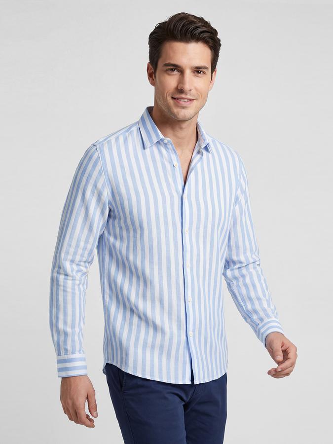 R&B Blue Striped Men Spread Collar Long Sleeves Shirt