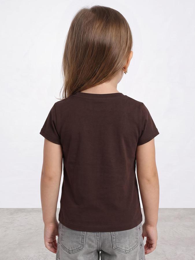 R&B Girls Dark Brown Graphic Print Short Sleeves Round Neck Pure Cotton T-Shirt