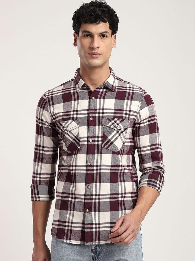 R&B Men Maroon Checked Long Sleeves Shirt 