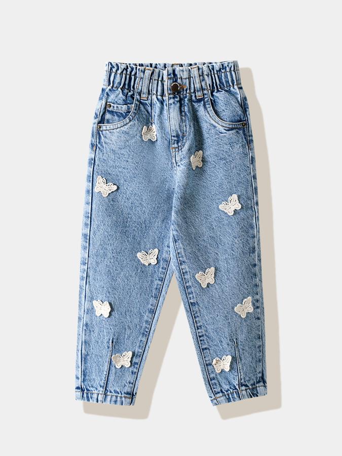 Girls Cotton Regular Fit Elastic Waist Embroidered Jeans