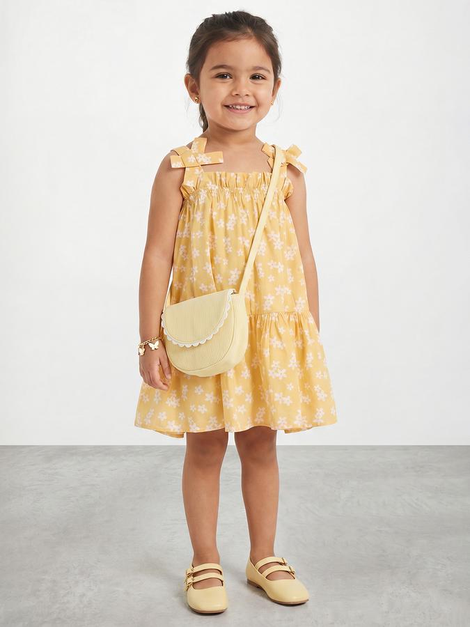 R&B Girl Yellow  Floral Print Pure Cotton Sleeveless A-Line Dress